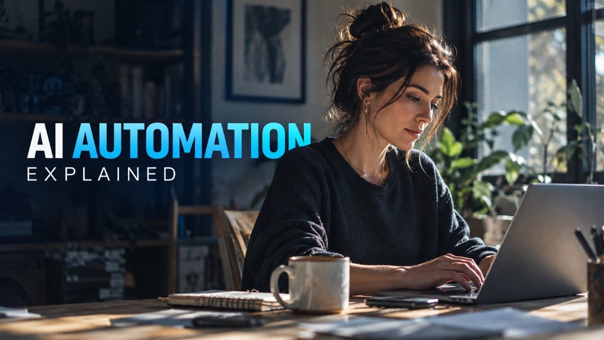 Woman working on a laptop in a naturally lit office, with the headline AI Automation Explained.