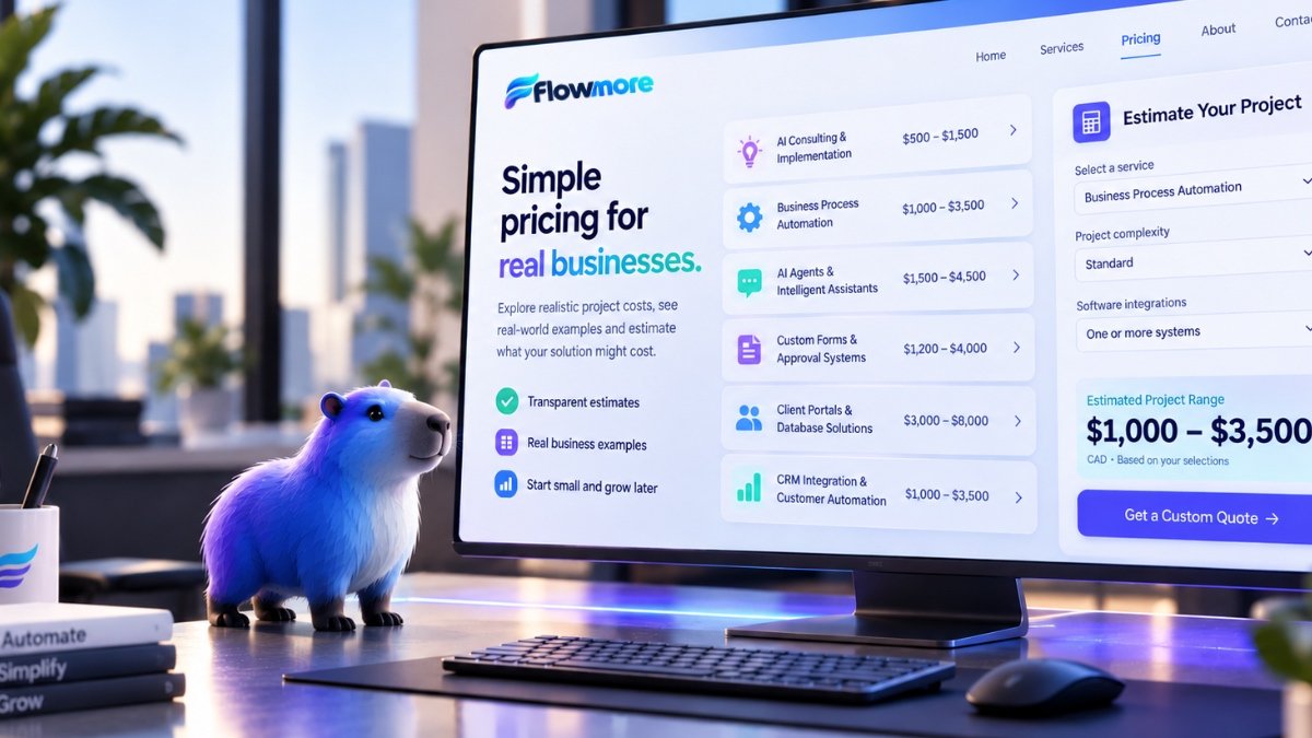 Flowmore's blue and violet capybara mascot standing beside a computer displaying AI automation pricing, six business services and an interactive project cost estimator.