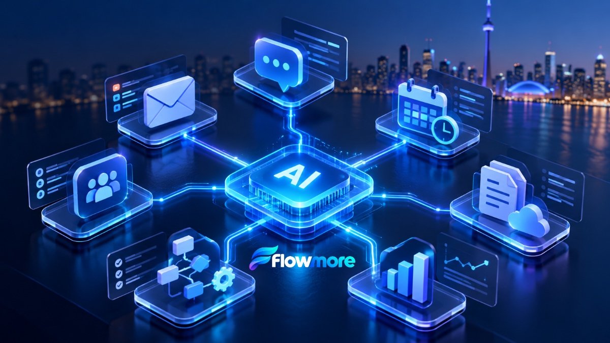 AI automation connecting seven business workflows with the Toronto skyline in the background