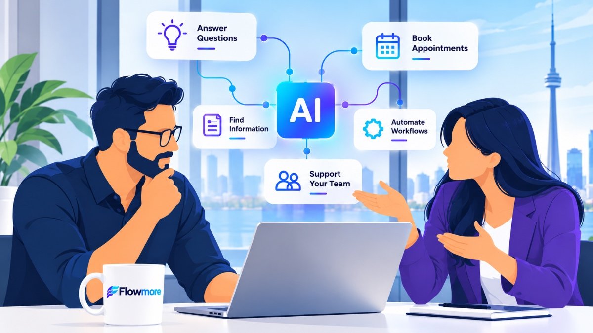 Illustration of two business professionals discussing AI consulting and implementation, with connected AI workflow solutions and the Toronto skyline.
