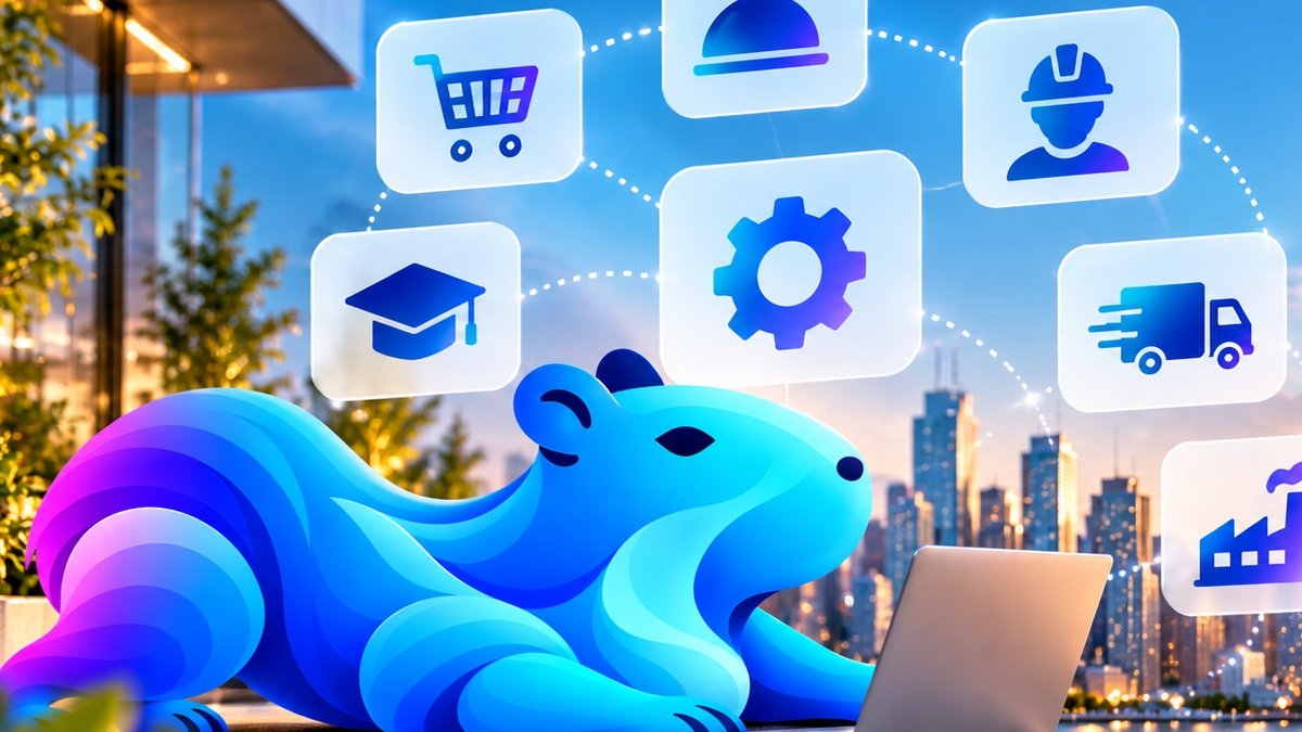 Flowmore capybara mascot with digital automation icons representing retail, hospitality, construction, education, logistics and manufacturing