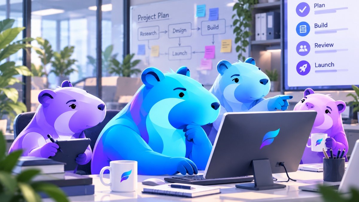 Flowmore's blue capybara mascot collaborating with three smaller capybara colleagues at a computer, with a business workflow dashboard showing planning, building, reviewing and launching.