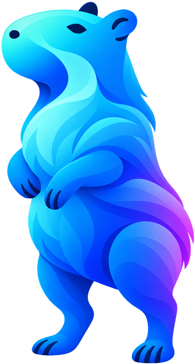 Flowmore blue and purple capybara mascot standing beside nonprofit digital solutions