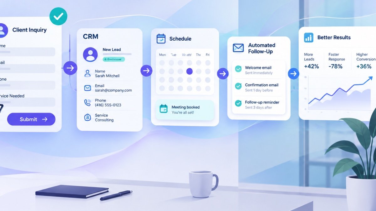 Illustration of a professional using client intake automation to connect inquiry forms, CRM records, appointment scheduling and automated follow-ups