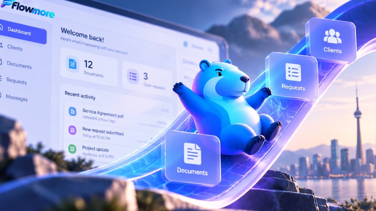 Flowmore's blue capybara mascot sliding along a glowing digital pathway beside a client portal dashboard showing documents, customer requests and account activity.