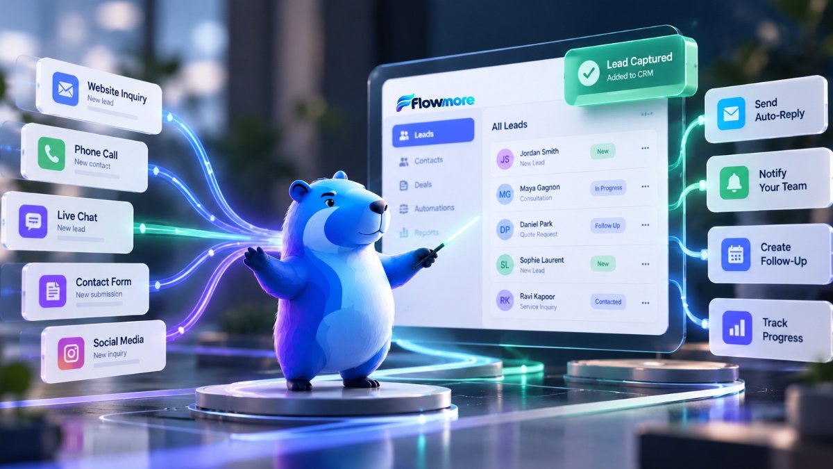 Flowmore's blue capybara mascot directing customer inquiries from website forms, phone calls and live chat into a CRM dashboard with automated follow-ups.