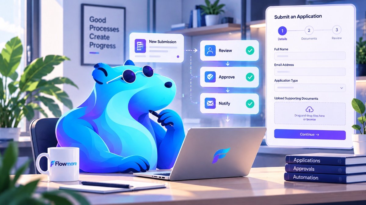 Flowmore capybara mascot reviewing a custom online application form with document uploads, approval workflows and automated notifications.
