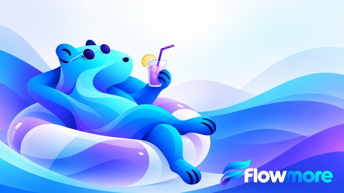 Flowmore blue and purple capybara mascot relaxing on a pool float with sunglasses and a drink, surrounded by flowing blue and violet waves.