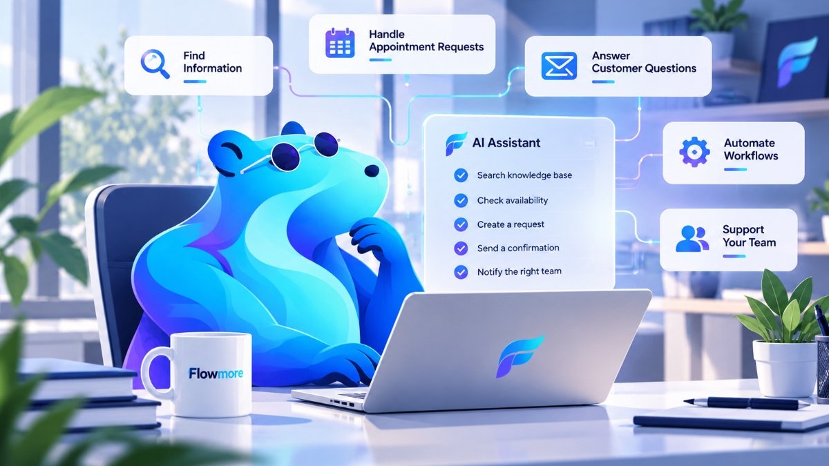 Flowmore capybara mascot using a laptop alongside an AI assistant dashboard showing customer questions, appointment requests, information retrieval and workflow automation.