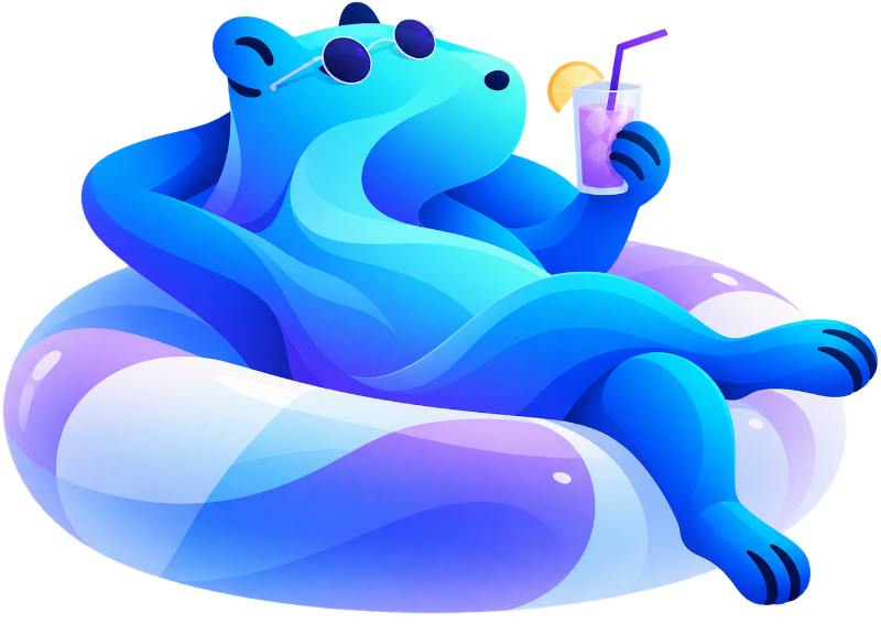 Flowmore capybara mascot relaxing on a pool float, representing smarter work through AI automation.