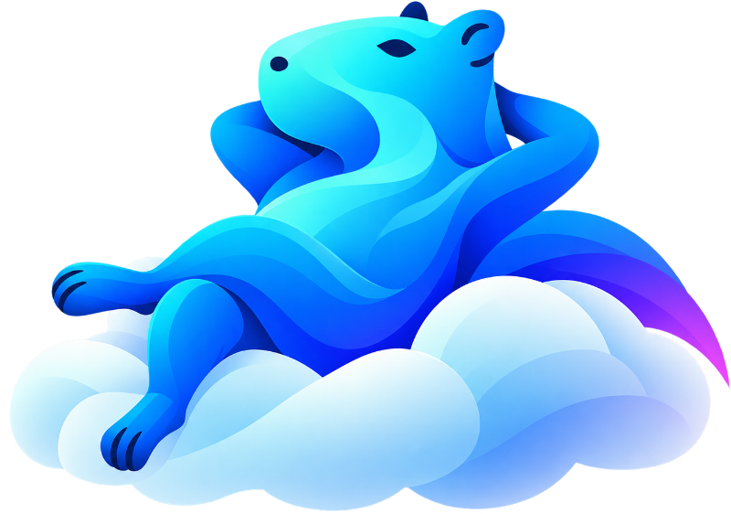 Flowmore capybara mascot floating on clouds