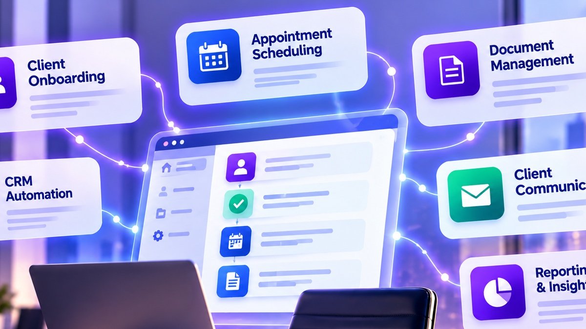 Modern professional services office with connected AI automation dashboards for client onboarding, appointment scheduling, document management, CRM and reporting.