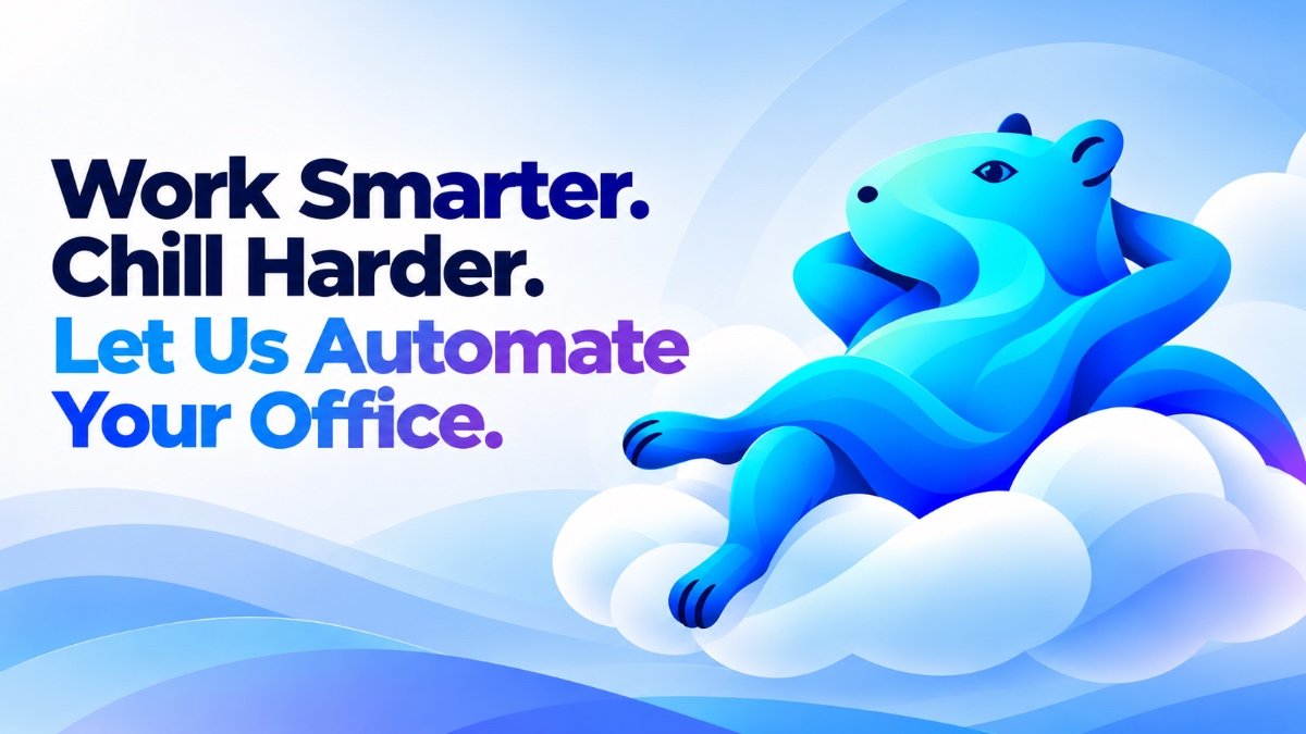 Flowmore AI automation services featured image with a relaxed blue capybara mascot and the slogan Work Smarter, Chill Harder. Let Us Automate Your Office.