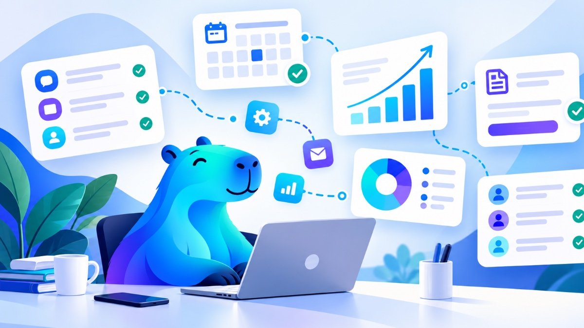 Flowmore's blue and purple capybara mascot using a laptop, surrounded by connected AI automation dashboards, business analytics, scheduling and customer management tools.