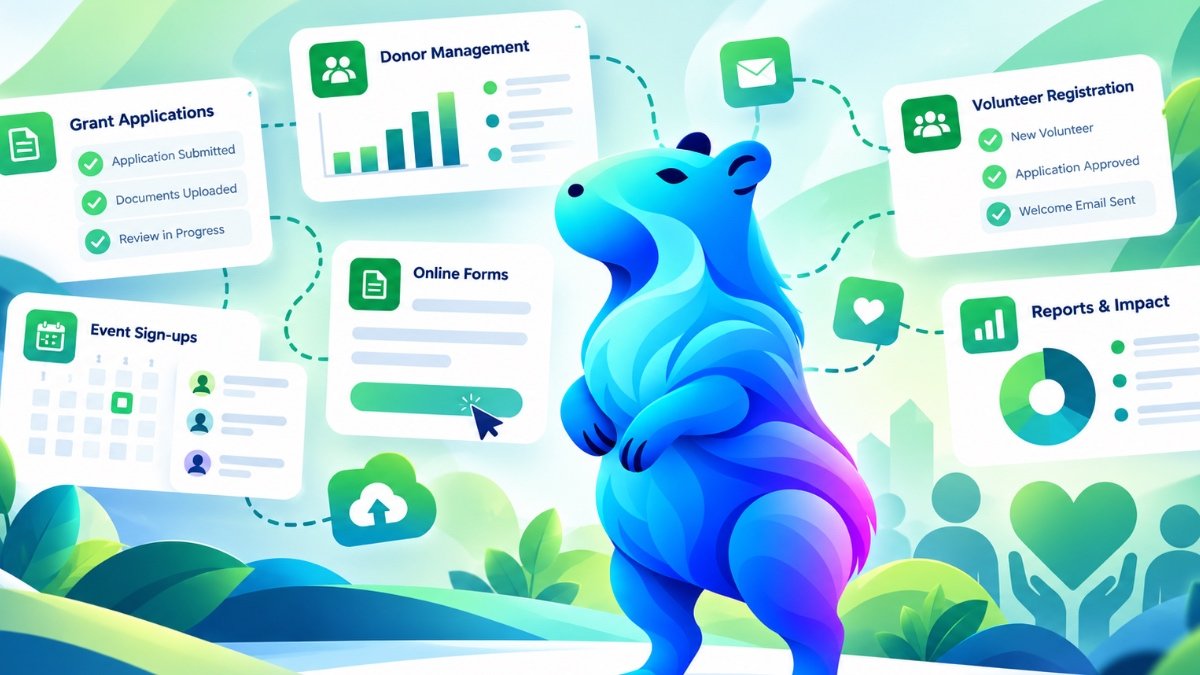 Flowmore's blue and purple capybara mascot surrounded by green digital dashboards for nonprofit grant applications, donor management, volunteer registration and online forms.