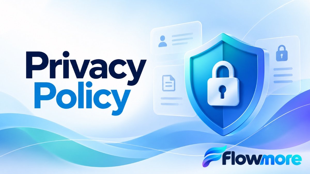 Flowmore Privacy Policy illustration featuring a blue security shield and padlock representing personal information protection.
