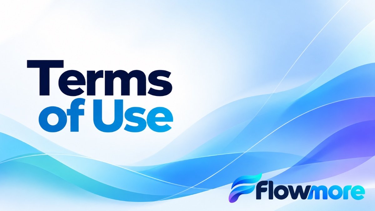Flowmore Terms of Use featured image with bold navy and blue typography and flowing blue, cyan and violet waves.