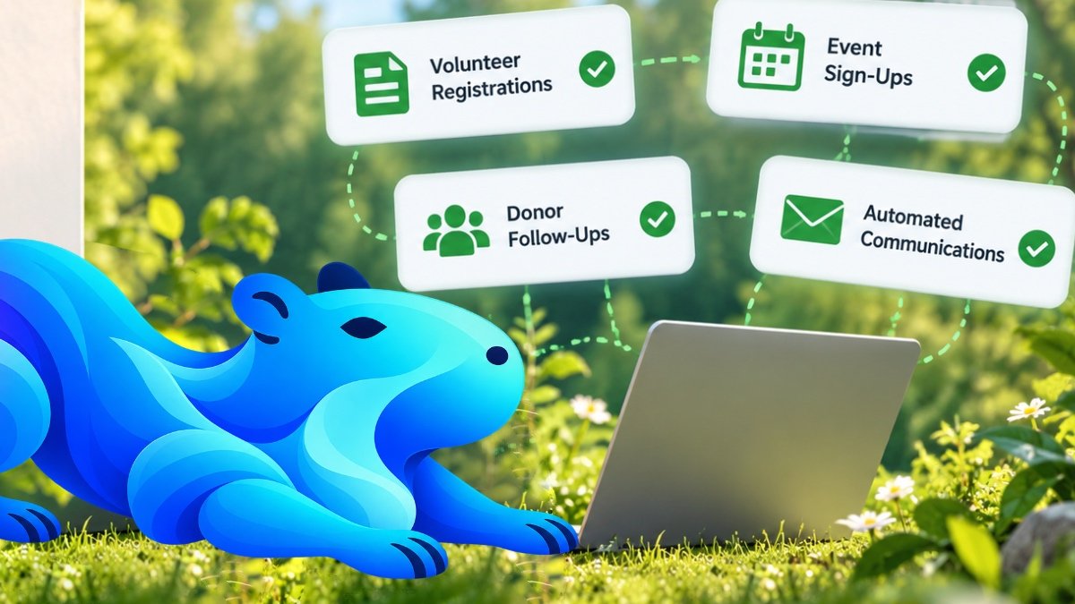 Flowmore's blue capybara mascot relaxing outdoors beside a laptop with digital workflows for volunteer registration, donor follow-ups, event sign-ups and automated communications