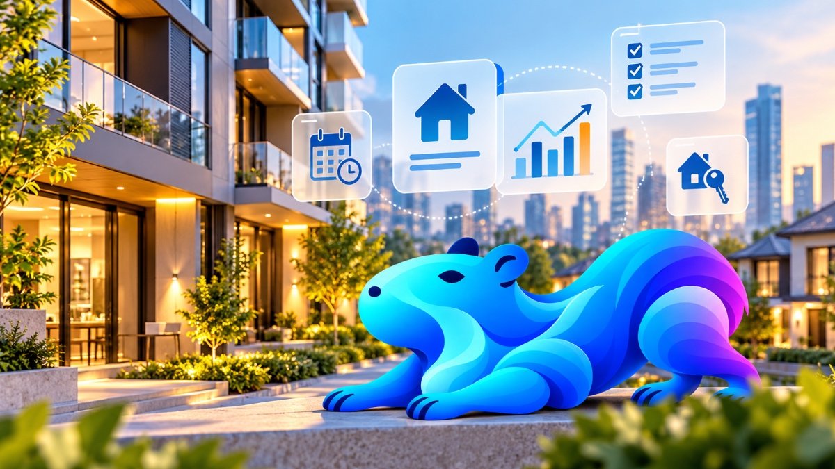 Flowmore capybara mascot with real estate automation graphics showing property management, scheduling, analytics and digital workflows