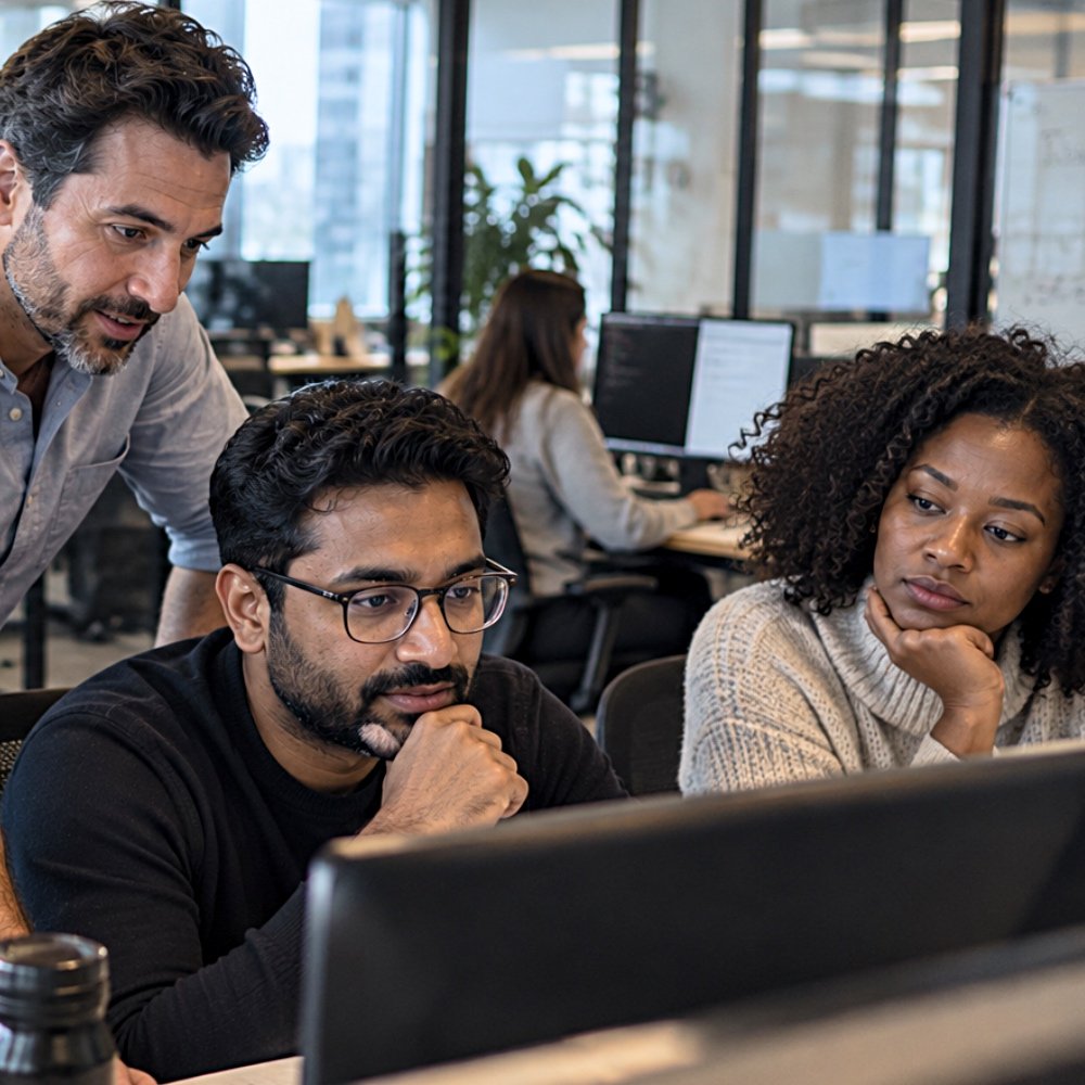Diverse office professionals reviewing a business workflow together